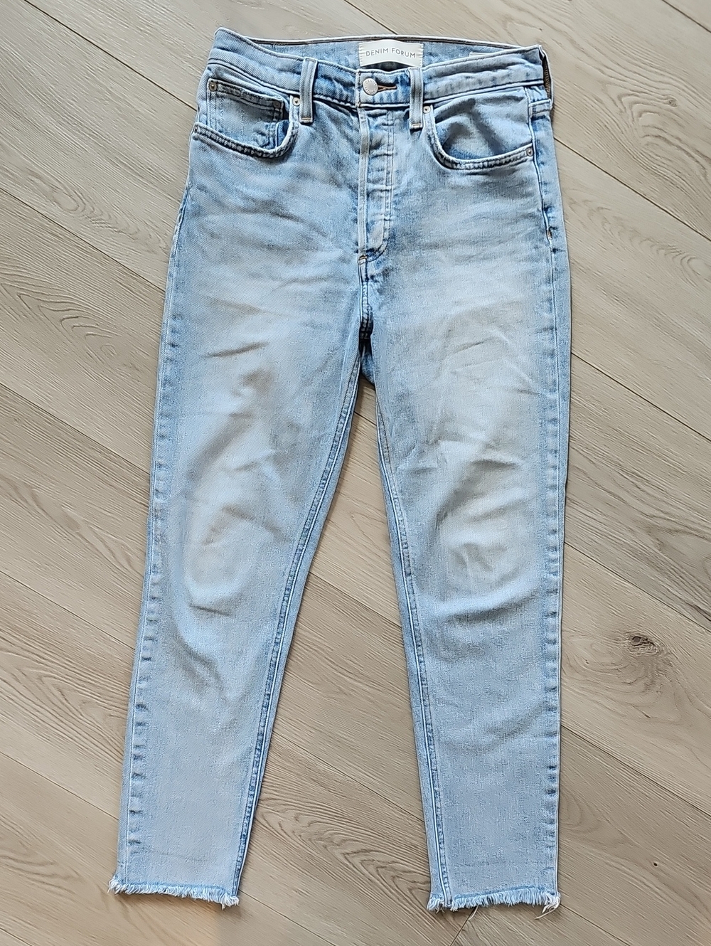 Denim Forum Organic Yoko High Rise Slim Light Wash Raw Hem Denim Jeans, 27